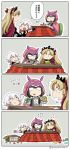  3girls 4koma :d ? asaya_minoru bandaged_arm bandages bangs bare_shoulders black_dress black_gloves black_panties black_shirt blonde_hair bow box brown_hair cape cardboard_box closed_mouth comic dress eating eighth_note ereshkigal_(fate/grand_order) eyebrows_visible_through_hair facial_scar fate/grand_order fate_(series) fingerless_gloves glasses gloves hair_between_eyes hair_bow jack_the_ripper_(fate/apocrypha) kotatsu long_hair multiple_girls musical_note navel opaque_glasses open_mouth origami osakabe-hime_(fate/grand_order) panties purple_bow purple_cape scar scar_on_cheek shirt shoulder_tattoo single_glove sitting skull sleeveless sleeveless_shirt smile spine table tattoo tiara translation_request twitter_username two_side_up underwear very_long_hair zaisu 