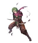  brown_eyes circlet fire_emblem fire_emblem_heroes fire_emblem_if full_body gloves green_hair highres injury japanese_clothes lack male_focus official_art one_eye_closed sandals scarf solo suzukaze_(fire_emblem_if) teeth torn_clothes transparent_background 