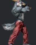  abs anthro biceps big_muscles canine clothed clothing digital_media_(artwork) fur hi_res male mammal muscular muscular_male pants rollingstoneeeeee simple_background solo standing topless underwear wolf 