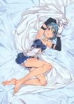  armpits arms_up bare_legs bare_shoulders barefoot bed_sheet blue_eyes blue_hair blue_skirt blush breasts cape cleavage detached_sleeves eyebrows_visible_through_hair feet frilled_shirt frills full_body geregere_(lantern) gloves hair_between_eyes highres legs lips looking_away lying magical_girl mahou_shoujo_madoka_magica medium_breasts miki_sayaka on_back open_mouth pleated_skirt shirt short_hair skirt smile soles solo sweatdrop thighs white_cape white_gloves 