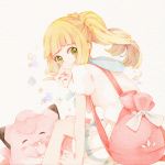  backpack bag blonde_hair clefairy gen_1_pokemon green_eyes lillie_(pokemon) long_hair pinkusan pokemon pokemon_(creature) pokemon_(game) pokemon_usum ponytail shirt short_sleeves sitting skirt smile v white_shirt white_skirt 