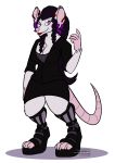  2017 anthro biped boots breasts claws clothed clothing digital_drawing_(artwork) digital_media_(artwork) digitigrade dress ear_piercing female footwear front_view fur gesturing goth hair hi_res invalid_tag legwear looking_at_viewer mammal nails naughtygryph part_of_comic piercing platform_boots rat rodent shoes simple_background smile solo standing toe_claws toes tongue tongue_out 
