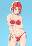  absurdres bikini blue_background blue_eyes blush boudica_(fate/grand_order) breasts cleavage commentary_request fate/grand_order fate_(series) head_tilt highres looking_at_viewer medium_breasts navel red_bikini red_hair short_hair short_ponytail side-tie_bikini smile solo suzumushi_(araragi_gatari) swimsuit v 