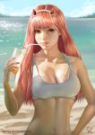  beach bikini bikini_top blue_sky breasts cleavage collarbone cup darling_in_the_franxx day drinking_straw green_eyes horizon horns lake lips long_hair looking_at_viewer medium_breasts navel nose outdoors pink_hair raphire realistic sky solo swimsuit upper_body zero_two_(darling_in_the_franxx) 