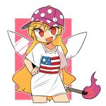  alternate_costume american_flag baseball_cap blonde_hair clownpiece commentary_request contrapposto cropped_legs fairy_wings fang fire hand_on_hip hat holding ini_(inunabe00) long_hair looking_at_viewer open_mouth pink_background polka_dot purple_hat red_eyes shirt short_sleeves smile solo standing t-shirt torch touhou transparent_wings two-tone_background white_background white_shirt wings 
