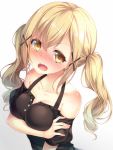  bang_dream! bare_shoulders blonde_hair blush breasts brown_eyes chiyonekoko cleavage collarbone commentary_request embarrassed fangs hair_between_eyes hair_ornament ichigaya_arisa long_hair looking_at_viewer medium_breasts off_shoulder open_mouth twintails upper_body x_hair_ornament 