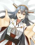  :d bare_shoulders black_hair breasts brown_eyes close-up commentary_request detached_sleeves eyebrows_visible_through_hair from_above grey_hair hair_between_eyes hair_ornament hairband hairclip haruna_(kantai_collection) headgear highres kantai_collection large_breasts long_hair looking_at_viewer looking_up negahami nontraditional_miko open_mouth outstretched_arms reaching remodel_(kantai_collection) revision smile solo 