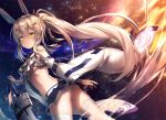  ass ayanami_(azur_lane) azur_lane breasts commentary_request detached_sleeves headgear long_hair looking_at_viewer navel night night_sky no_panties orange_eyes parted_lips pleated_skirt ponytail remodel_(azur_lane) revision riichu school_uniform serafuku silver_hair skirt sky small_breasts solo star_(sky) starry_sky sword thighhighs underboob weapon white_legwear wide_sleeves wind zettai_ryouiki 