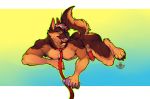  anthro bambii_dog barefoot blue_background blue_eyes canine collar digital_media_(artwork) dog erection german_shepherd gradient_background humanoid_hands leash looking_at_viewer male mammal muscular muscular_male naked_collar nipples nude open_mouth paws penis raised_tail rykersheppy seductive simple_background solo suggestive_pose yellow_background 