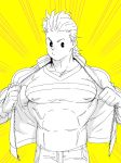  1boy bara blonde_hair boku_no_hero_academia mabataki muscle nipples nipples_visible_through_clothing open_jacket pecs quiff tagme tight_shirt togata_mirio 