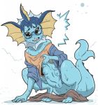  2017 6_breasts anthro blue_hair blush bottomless breasts clothed clothing crouching eeveelution female hair jamsnjellies multi_breast navel nintendo nipples open_mouth pok&eacute;mon pok&eacute;mon_(species) pussy scared shrinking simple_background solo surprise tears transformation vaporeon video_games white_background 