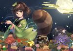  animal_ears bell blue_flower bracelet brown_eyes brown_hair egasumi floral_print flower full_moon futatsuiwa_mamizou glasses green_flower green_kimono holding japanese_clothes jewelry jingle_bell kimono kiseru leaf leaf_on_head light_smile looking_at_viewer moon night night_sky obi oriental_umbrella outdoors pink_flower pipe purple_flower raccoon_ears raccoon_tail red_flower sash semi-rimless_eyewear sen1986 sky solo tail tail_raised touhou umbrella under-rim_eyewear wide_sleeves 