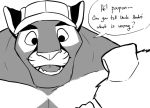  2018 andr&eacute;_(chirenbo) anthro baby canine chirenbo cougar dialogue dog english_text feline greyscale mammal monochrome text young 