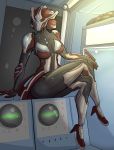  alien askmakari black_skin breasts clothing female footwear high_heels khora_(warframe) machine not_furry robot shoes sitting solo tenno video_games warframe 