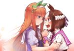  animal_ears bangs blue_eyes blunt_bangs brown_hair commentary_request dress ear_covers eyebrows_visible_through_hair hairband hand_on_another's_arm highres horse_ears horse_girl long_hair multicolored_hair multiple_girls open_mouth orange_hair purple_eyes school_uniform short_hair silence_suzuka smile special_week tsuzuri_(tu-san_house) two-tone_hair umamusume yuri 