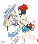  bag beanie black_hair blonde_hair boronaki_ball braid closed_eyes dress duffel_bag from_side green_eyes green_shorts handbag hat lillie_(pokemon) long_hair mizuki_(pokemon) multiple_girls open_mouth pokemon pokemon_(game) pokemon_sm red_hat shirt short_hair short_sleeves shorts signature simple_background sleeveless sleeveless_dress sun_hat tied_shirt twin_braids white_background white_dress white_hat z-ring 