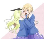  assam bangs black_neckwear black_ribbon blonde_hair blue_eyes blue_skirt blue_sweater braid chocolate commentary cup darjeeling dress_shirt girls_und_panzer hair_pulled_back hair_ribbon hands_on_another's_face holding hug imminent_kiss long_hair long_sleeves looking_at_another miniskirt multiple_girls necktie open_mouth pleated_skirt polka_dot polka_dot_background ribbon school_uniform shared_food shirt short_hair skirt st._gloriana's_school_uniform standing sweater tea teacup tied_hair upper_body v-neck white_background white_shirt yuri yuuhi_(arcadia) 