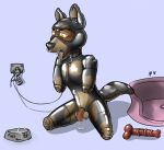  2016 anthro balls bdsm bitchsuit bodysuit bondage bound bowl canine chastity chastity_cage clothed clothing collar cum digital_media_(artwork) dildo dog dombrus fur gag gagged hi_res invalid_color kneeling leash lock male mammal open_mouth penis petplay precum puppyplay ring_gag roleplay rubber sex_toy shiny simple_background sitting skinsuit solo tight_clothing tongue tongue_out 