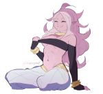  2018 alien android_21 areola arm_warmers armwear bandeau black_nails black_sclera bracelet breasts clothing colored_nails colored_sketch dragon_ball dragon_ball_fighterz female gold_(metal) gold_jewelry hair hi_res holding_clothing humanoid jewelry long_hair looking_at_viewer majin majin_android_21 messy_hair navel neck_ring not_furry pink_skin pointy_ears red_eyes roropull sharp_teeth signature simple_background sitting sketch smile solo suggestive teeth white_background white_hair 