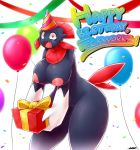  2016 anthro averyshadydolphin balloon belly big_breasts big_eyes birthday black_fur breasts celebrations confetti digital_media_(artwork) english_text erect_nipples fangs female fingers fur gift hat hi_res looking_at_viewer nintendo nipples open_mouth party_hat pok&eacute;mon pok&eacute;mon_(species) pussy red_fur small_head small_pupils smile solo teeth text thick_thighs tongue video_games weavile wide_hips 