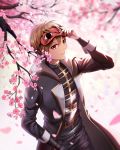  black_cape black_pants brown_hair cape cherry_blossoms day flower gintama hair_between_eyes hand_in_pocket heavenlove highres looking_at_viewer male_focus mask mask_on_head okita_sougo outdoors pants pink_flower red_eyes solo standing uniform 
