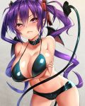  ass_visible_through_thighs bikini_top black_footwear blush breasts cleavage collar covered_nipples crossed_arms demon_girl demon_horns demon_tail demon_wings from_behind highres horns huge_breasts keita_(tundereyuina) lips long_hair looking_at_viewer micro_shorts navel original pointy_ears purple_eyes purple_hair shorts solo sweat tail twintails very_long_hair wings 