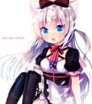  :o american_flag american_flag_print animal_ears apron azur_lane bangs black_dress black_legwear blue_eyes blush cat_ears commentary dress eyebrows_visible_through_hair fang flag_print hair_between_eyes hammann_(azur_lane) highres kohaku_muro long_hair open_mouth print_neckwear puffy_short_sleeves puffy_sleeves short_sleeves silver_hair simple_background sitting solo thighhighs twitter_username v-shaped_eyebrows very_long_hair waist_apron white_apron white_background 