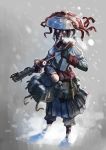  backpack bag canteen dagger erica_(naze1940) full_body gas_mask gloves grenade_launcher hat highres holding holding_weapon original ponytail snowing visible_air weapon 