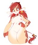  anthro barely_visible_genitalia bell bovine breasts cattle cross-eyed ear_piercing female hair headband hi_res kanel mammal nipples piercing simple_background solo subtle_pussy white_background wide_hips 