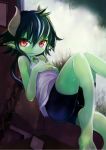  1girl dragon_girl green_skin horns looking_at_viewer monster_girl pointy_ears red_eyes short_hair slit_pupils spats tail 