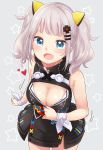  :d bangs bare_shoulders black_dress blue_eyes blush breasts cleavage cleavage_cutout commentary cowboy_shot dress eyebrows_visible_through_hair fang grey_background hair_ornament hairclip heart highres kaguya_luna kaguya_luna_(character) large_breasts long_hair looking_at_viewer obi open_mouth sash sidelocks silver_hair simple_background sleeveless sleeveless_dress smile solo star twintails virtual_youtuber yukiu_kon 