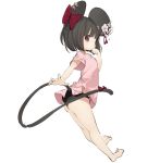  animal_ears ass bangs bare_legs barefoot black_hair black_panties blush bow closed_mouth commentary_request ear_piercing ear_ribbon eyebrows_visible_through_hair flower hand_up highres looking_at_viewer looking_to_the_side mabuta_(byc0yqf4mabye5z) mouse_ears mouse_girl mouse_tail original panties piercing pink_shirt purple_bow purple_eyes shirt short_hair short_sleeves simple_background sketch solo tail underwear white_background white_flower 