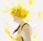  androgynous blonde_hair bug butterfly colored_eyelashes frost_fog gem_uniform_(houseki_no_kuni) grey_background houseki_no_kuni insect necktie profile short_hair solo suspenders upper_body wind yellow_diamond_(houseki_no_kuni) yellow_eyes 