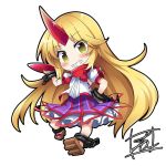  bangs blonde_hair blush chain chibi cuffs cup eyebrows_visible_through_hair full_body geta hand_on_hip holding horn hoshiguma_yuugi long_hair looking_at_viewer multicolored multicolored_eyes puffy_short_sleeves puffy_sleeves sakazuki shackles short_sleeves signature simple_background skirt smile solo tirotata touhou very_long_hair white_background 