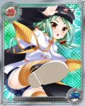  arm_up ass black_coat black_hat brown_eyes card_(medium) chinkyuu coat cutoffs denim denim_shorts feet green_hair hair_bobbles hair_ornament hairclip hat katagiri_hinata kicking koihime_musou leg_lift long_hair official_art open_mouth shirt shoes short_shorts shorts solo striped striped_legwear thighhighs twintails white_shirt 