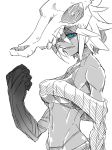  blue_eyes breasts greyscale hair_between_eyes helmet highleg highleg_panties jin_(mugenjin) long_sleeves looking_at_viewer medium_breasts monochrome navel original oversized_forearms oversized_limbs panties sharp_teeth short_hair simple_background sketch skull smile solo spot_color teeth underboob underwear upper_body white_background 