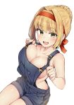  :d bangs bare_shoulders blush braid breasts cleavage collarbone commentary_request eyebrows_visible_through_hair fate/zero fate_(series) french_braid green_eyes hair_intakes hairband highres jp06 large_breasts legs_together looking_at_viewer naked_overalls nero_claudius_(fate) nero_claudius_(fate)_(all) open_mouth overalls red_hairband round_teeth shiny shiny_skin simple_background smile solo teeth tsurime upper_teeth white_background 