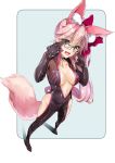  absurdres animal_ears bow breasts choker cleavage collarbone damow_(myway83522) eyebrows_visible_through_hair fang fate/grand_order fate_(series) fox_ears fox_tail glasses hair_bow highres large_breasts long_hair looking_at_viewer open_clothes open_mouth pink_hair skin_tight solo tail tamamo_(assassin)_(fate) tamamo_(fate)_(all) very_long_hair yellow_eyes 