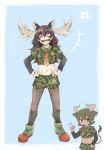  2girls :d ^_^ abs animal_ears antlers aurochs_(kemono_friends) aurochs_(kemono_friends)_(cosplay) blush boots brown_hair camouflage camouflage_shirt camouflage_skirt closed_eyes collared_shirt commentary_request cosplay crop_top eyebrows_visible_through_hair green_hair horns japari_symbol kemono_friends long_hair long_sleeves midriff moose_(kemono_friends) moose_ears multiple_girls navel necktie open_mouth pantyhose peperon_(801mominoki) shirt short_hair skirt smile 