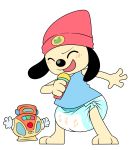  absurd_res baby black_nose canine clothed clothing cub cuddlehooves diaper dog eyes_closed hat hi_res male mammal microphone parappa parappa_the_rapper simple_background singing solo video_games white_background young 