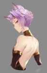  animal_ears apt backless_dress backless_outfit bangs bare_back bare_shoulders black_dress braid closed_mouth commentary dated detached_sleeves dress erune granblue_fantasy grey_background hair_ornament highres looking_at_viewer looking_back male_focus otoko_no_ko profile purple_eyes purple_hair quatre_(granblue_fantasy) short_hair shoulder_blades simple_background single_hair_intake solo twitter_username 