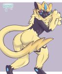  2018 anthro balls barefoot blue_eyes blush butt claws fangs feline fur looking_at_viewer lying male mammal nintendo nude on_side one_eye_closed pawpads paws pok&eacute;mon pok&eacute;mon_(species) presenting presenting_hindquarters sharp_claws smile solo taintedstar video_games zeraora 