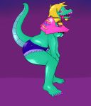  2016 alligator angstrom anthro bratty_(undertale) breasts clothed clothing crocodilian female hi_res nipple_tape pasties purple_background reptile scalie simple_background solo tape twerking under_boob undertale video_games 