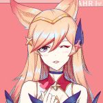  1girl ahri alternate_costume alternate_eye_color alternate_hair_color animal_ears choker fox_ears fox_tail hair_ornament hairband league_of_legends lips long_hair magical_girl peach_hair star_guardian_ahri wink 