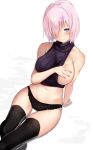  arm_support black_legwear black_panties black_sweater blush breasts closed_mouth collarbone commentary_request covering covering_one_breast fate/grand_order fate_(series) hair_over_one_eye highres large_breasts looking_at_viewer mash_kyrielight navel no_eyewear one_breast_out panties pink_hair purple_eyes ribbed_sweater shadow short_hair simple_background sitting skindentation sleeveless sleeveless_turtleneck smile solo sweater thighhighs turtleneck turtleneck_sweater underwear untsue white_background 