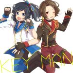  2boys asymmetrical_sleeves black_gloves black_hair blue_eyes boots brown_hair choker fingerless_gloves gloves izumi-no-kami_kanesada jumping kashuu_kiyomitsu male_focus multiple_boys musical_touken_ranbu pants pointing pointing_at_self ponytail red_pants side_ponytail simple_background touken_ranbu white_background 