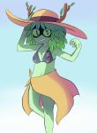  adventure_time antlers belly bikini bikini_top breasts cartoon_network clothing eye_mask female green_eyes green_sclera green_skin horn huntress_wizard leaf leaf_hair looking_at_viewer midriff nintenderp23 not_furry outside seaside smile solo sunhat swimsuit 