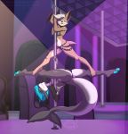  anthro bat bra breasts clothed clothing dancing duo female fish hair jess_the_bat kittydee looking_at_viewer mammal marine pole pole_dancing sapphire_sights shark skimpy smile spread_legs spreading stripper_pole thick_thighs underwear upside_down 