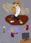  calvin_(c&amp;h) calvin_and_hobbes clothed clothing crossover disney feline grey_background hi_res hobbes human lamp male mammal muscular simple_background sofa stripes television tiger tiger_dancer_(zootopia) unknown_artist zootopia zootopia_shorts 