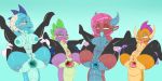  2018 absurd_res anthro anus areola balls breasts clothed clothing crossdressing digital_media_(artwork) dragon eyelashes female forked_tongue friendship_is_magic gaping gaping_anus girly group hair half-closed_eyes hi_res horn legwear male mina_(mlp) my_little_pony nipples open_mouth penis princess_ember_(mlp) pussy saurian_(artist) simple_background small_breasts smolder_(mlp) spike_(mlp) spread_legs spreading thigh_highs tongue tongue_out 